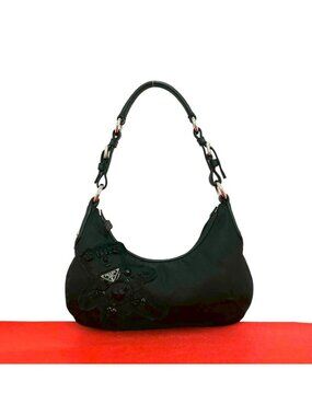 Prada Evening Bear Triangle Logo Nylon Leather Beads Shoulder Bag Black